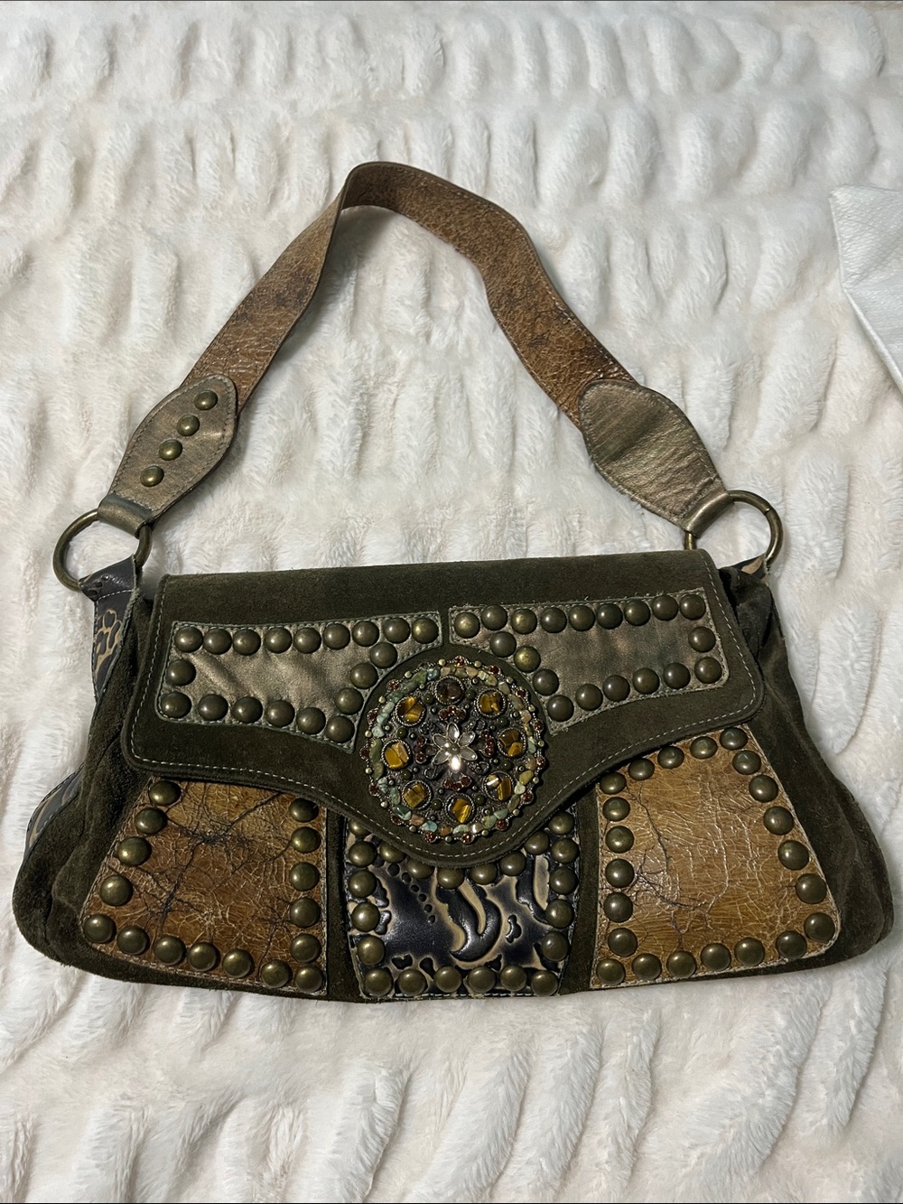 Leatherock USA Genuine Leather Studded Jeweled Shoulder Bag Boho Western